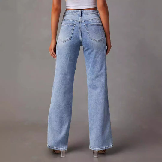 Damen lässige Weitbein-Jeans mit hohem Bund und eleganten Nahtdetails EB