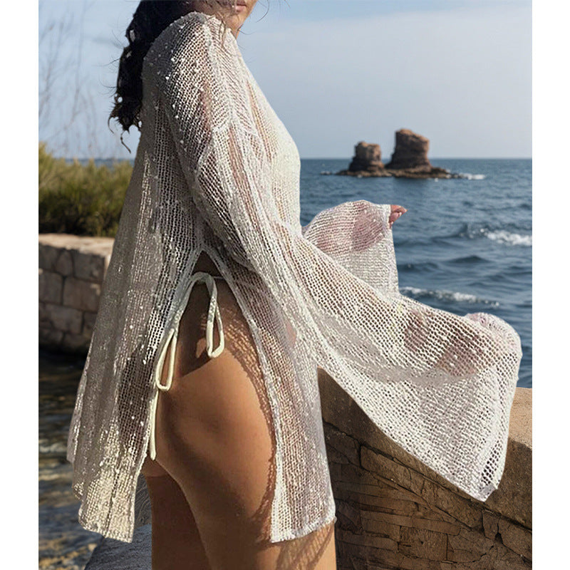 Damen transparenter Strandpullover mit modischem Netzdesign EB