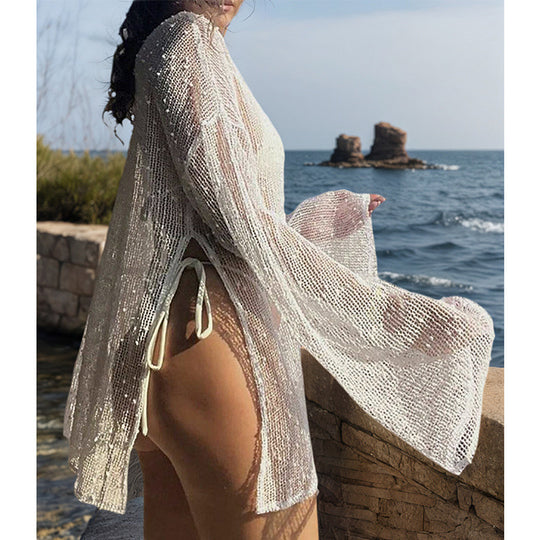 Damen transparenter Strandpullover mit modischem Netzdesign EB