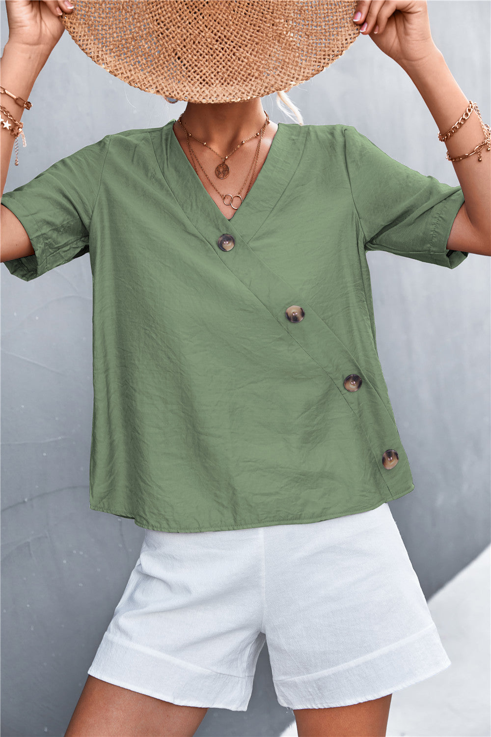 Damen lässige Bluse mit Wickeloptik und Knopfdetails EB