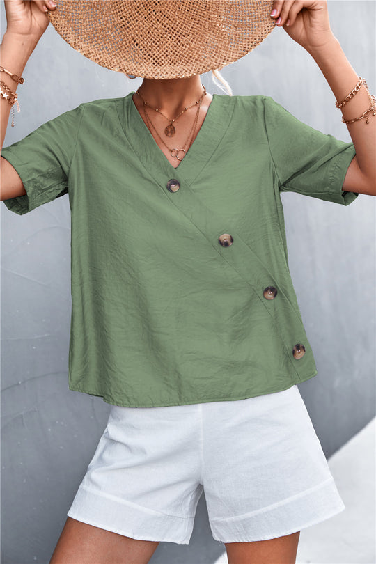 Damen lässige Bluse mit Wickeloptik und Knopfdetails EB
