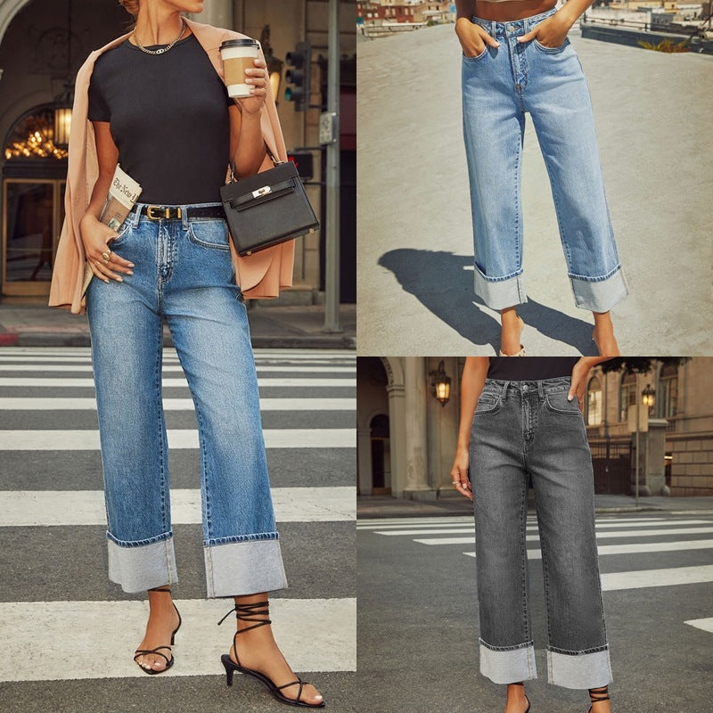Damen Weit geschnittene Jeans mit umgeklapptem Saum EB