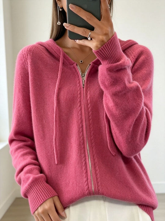 Damen Kapuzen-Cardigan mit Reißverschluss, feinem Feinstrick und gerippten Bündchen EB