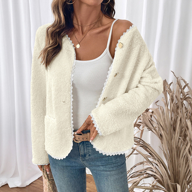 Damen weiche Teddyjacke mit Spitzenverzierung EB