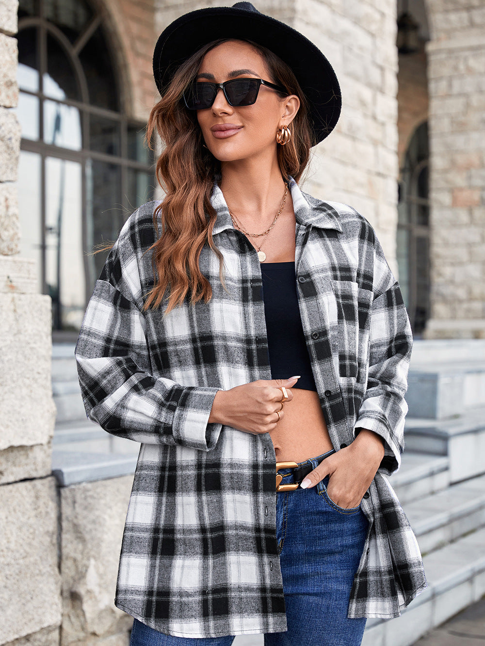 Damen Oversized Karobluse mit modernen Details EB