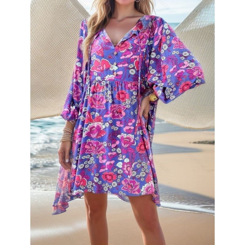 Damen lässiges Freizeitkleid mit lockerer Passform und buntem Blumendesign EB