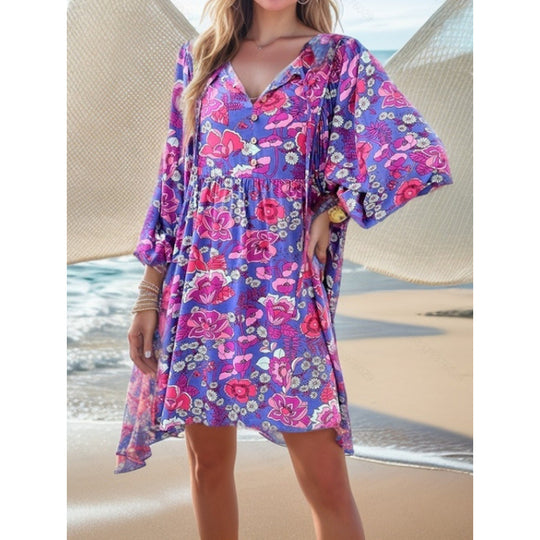 Damen lässiges Freizeitkleid mit lockerer Passform und buntem Blumendesign EB