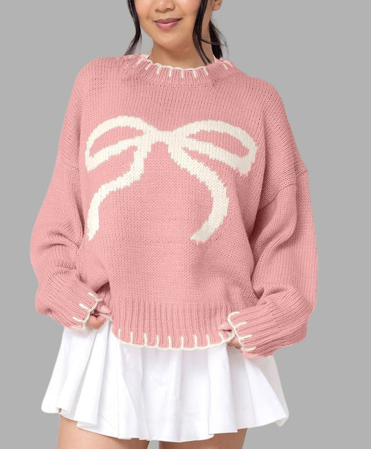 Damen lässiger Pullover mit kontrastierenden Schleifen-Detail und geripptem Saum EB