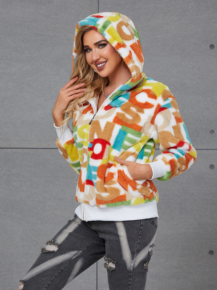 Damen Flauschige Kapuzenjacke mit buntem Muster und praktischen Taschen EB
