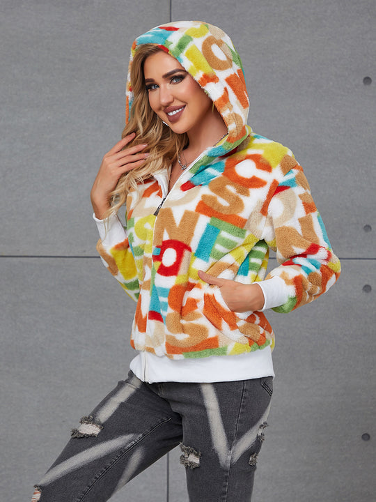 Damen Flauschige Kapuzenjacke mit buntem Muster und praktischen Taschen EB
