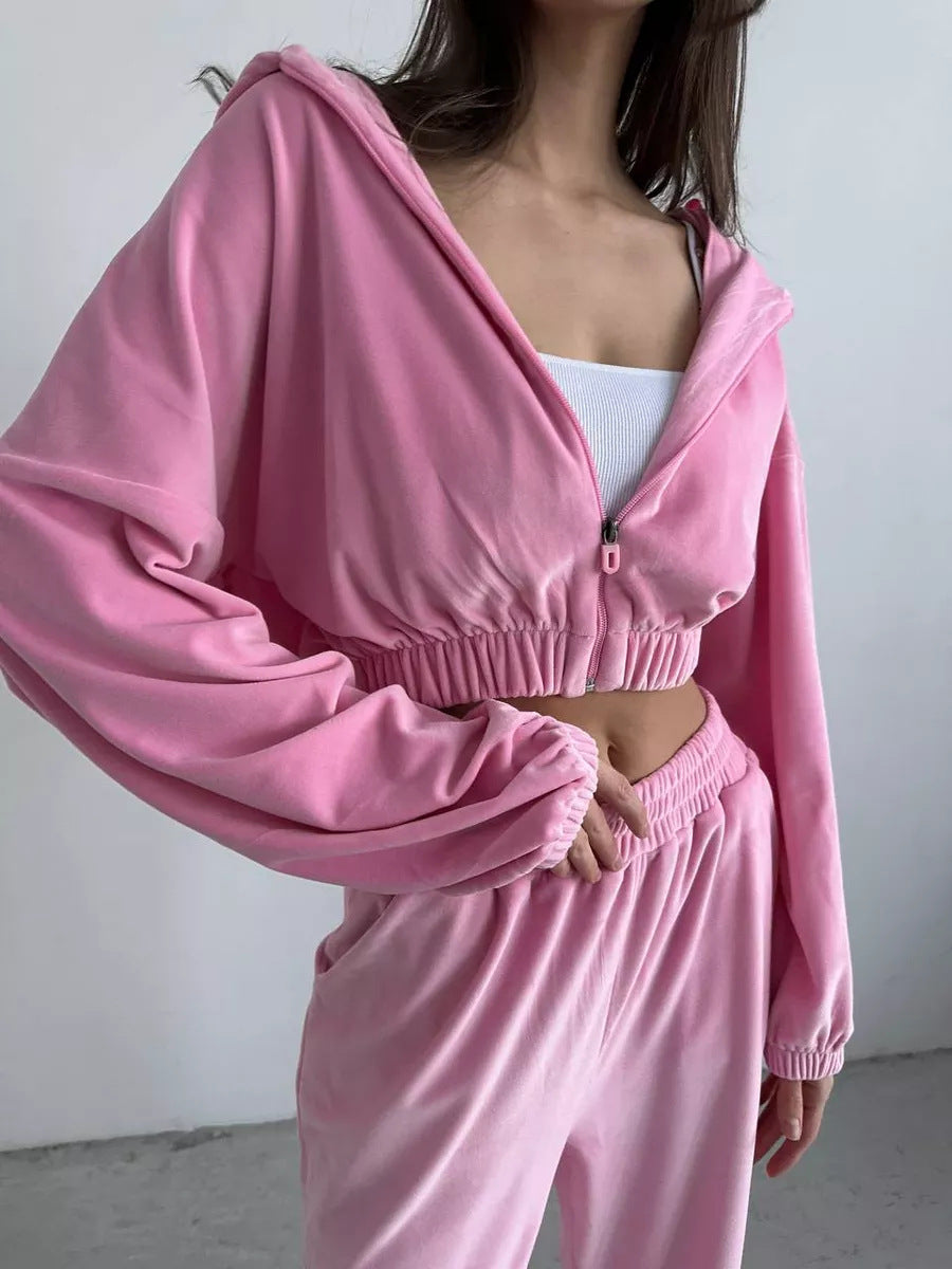 Damen Cropped Samt-Loungewear-Set mit kurzem Reißverschluss, elastischem Taillenbund und weiter Jogginghose EB