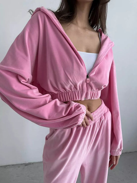 Damen Cropped Samt-Loungewear-Set mit kurzem Reißverschluss, elastischem Taillenbund und weiter Jogginghose EB