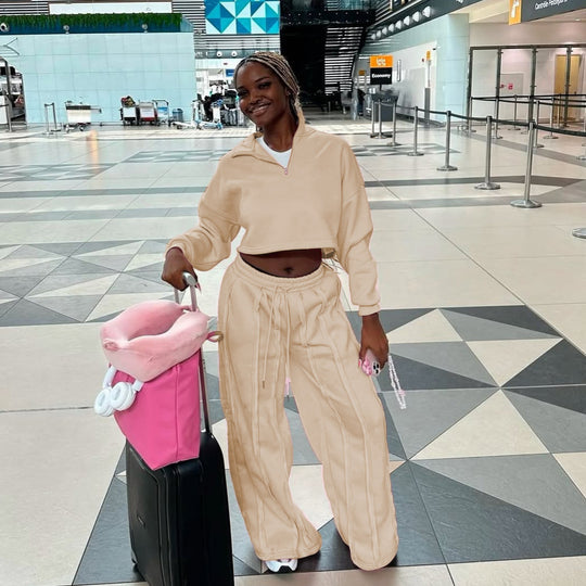 Damen Crop-Halbzip-Sweatshirt und High-Waist Wide-Leg Loungehose Set mit sichtbaren Naht-Details Eichborn Berlin