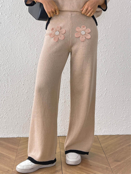 Damen bequeme Strickhose mit floralem Applikationsdesign EB