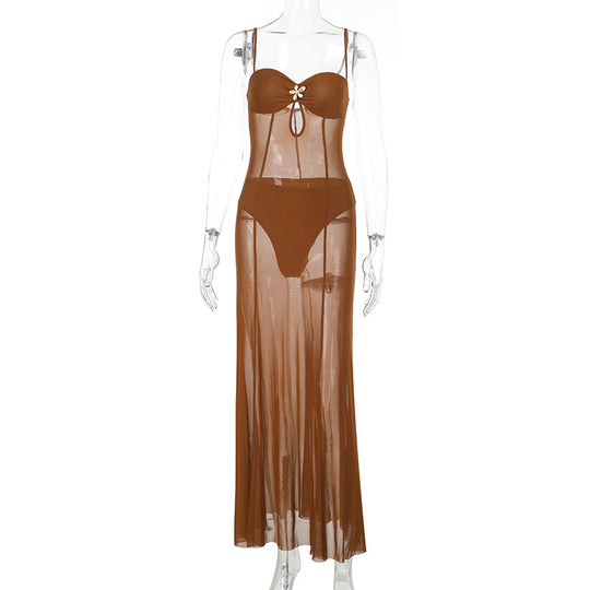 Damen Bikini-Überwurfkleid mit dekorativem Ausschnitt und transparentem Design EB