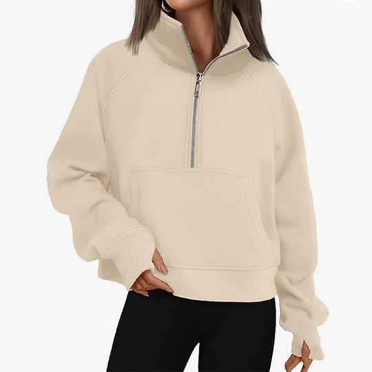 Damen nan kurzer Halfzip-Sweater mit hohem Stehkragen, Kängurutasche und verlängerten Daumenlöchern EB