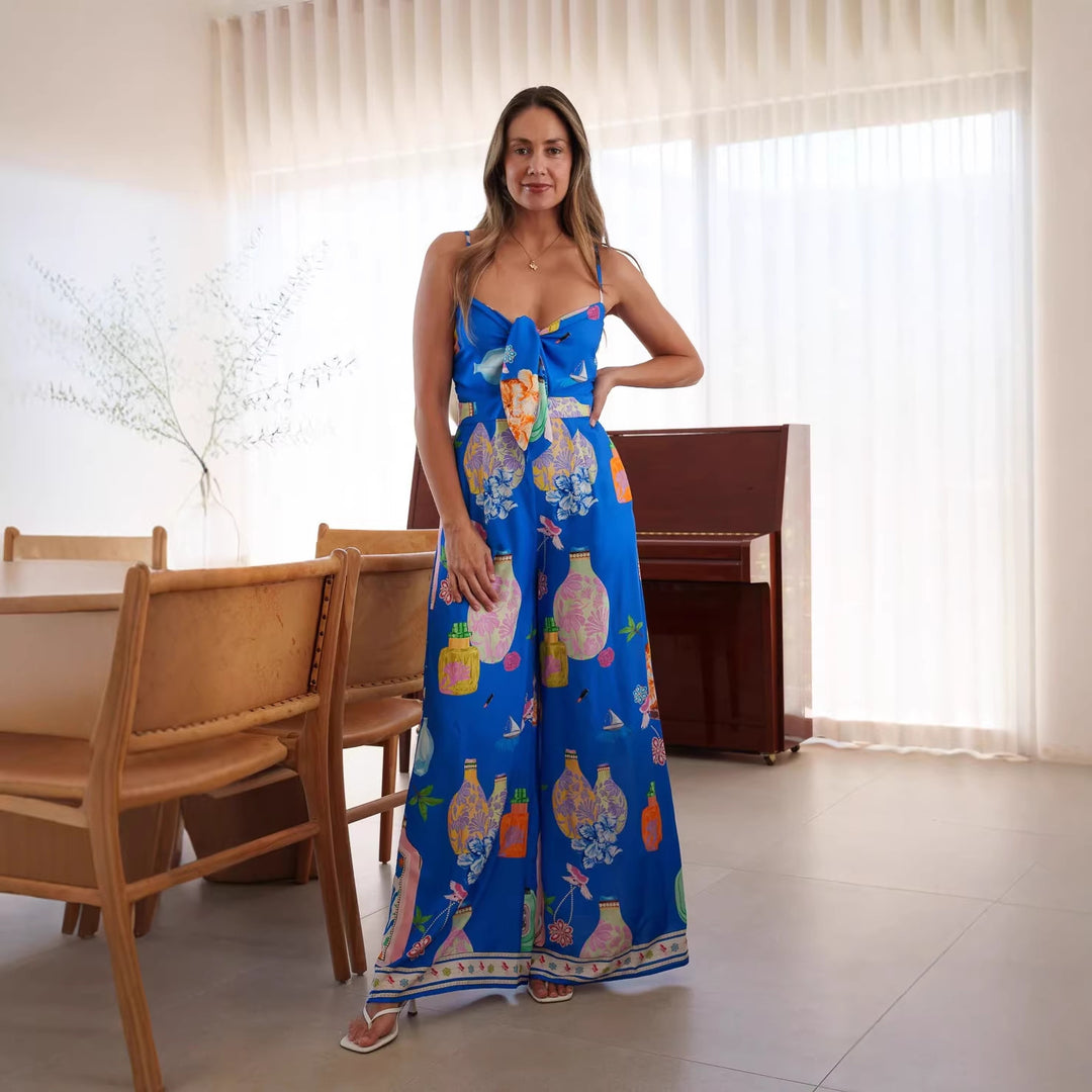 Damen langes Sommerkleid mit verspieltem Dekolleté und buntem Muster EB