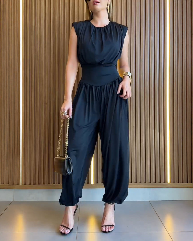 Damen modischer Jumpsuit mit elastischem Taillenbund und innovativem Schnitt EB