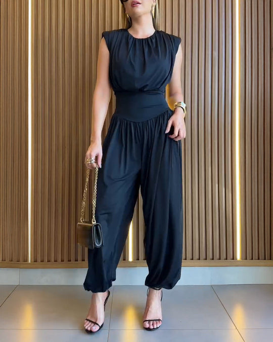 Damen modischer Jumpsuit mit elastischem Taillenbund und innovativem Schnitt EB