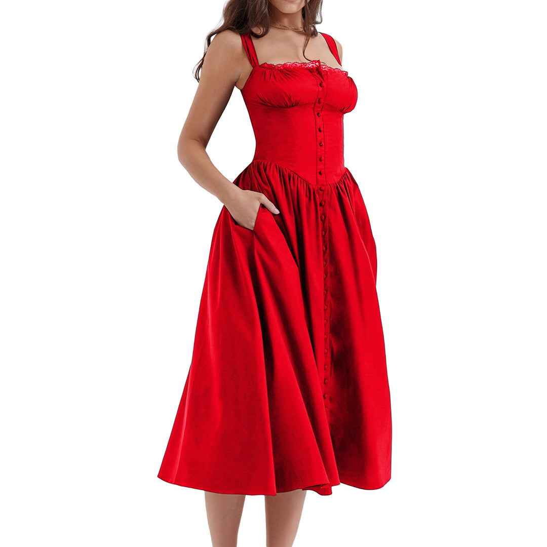Damen Maxi-Kleid mit knöpfbarem Oberteil und schwingendem Rock EB