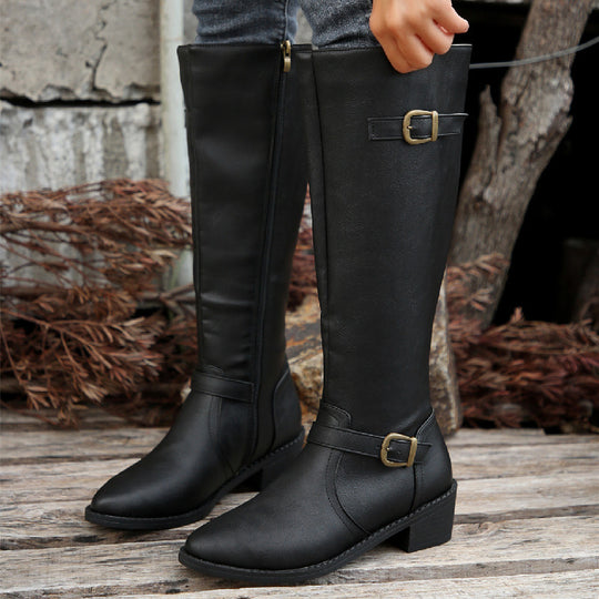 Damen  kniehohe Stiefel in Lederoptik mit seitlichem Reißverschluss und Zierschnalle EB