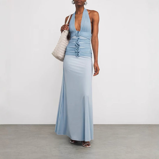 Damen Elegantes Maxikleid mit tiefem V-Ausschnitt und Wickeldetails EB