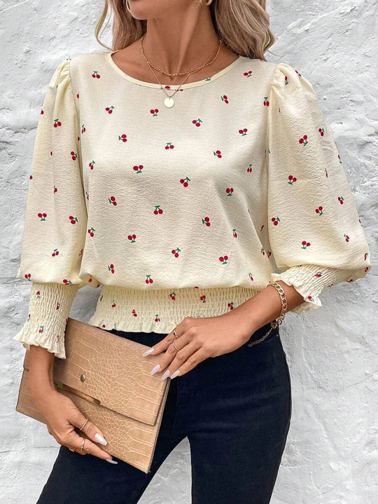 Damen Leichte Feinstruktur-Bluse mit Ballonärmeln, Smockbündchen und Rundhals EB
