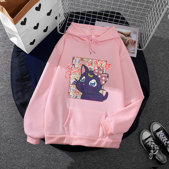 Damen nan Oversize-Kapuzenpullover mit glitzerndem Anime-Katzen-Motiv, Kängurutasche und weichem Fleece-Innenfutter EB