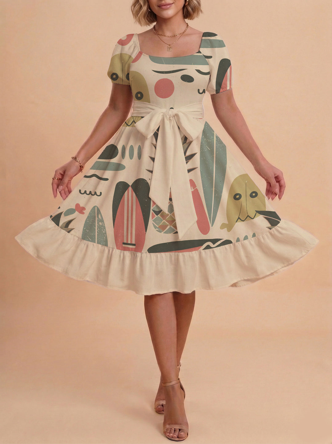 Damen A-Linien-Kleid mit floralen Motiven und taillierbarem Gürtel EB
