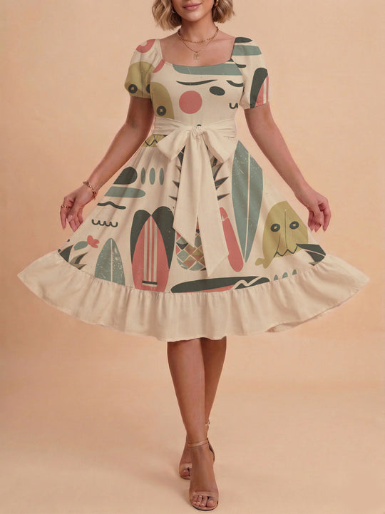 Damen A-Linien-Kleid mit floralen Motiven und taillierbarem Gürtel EB