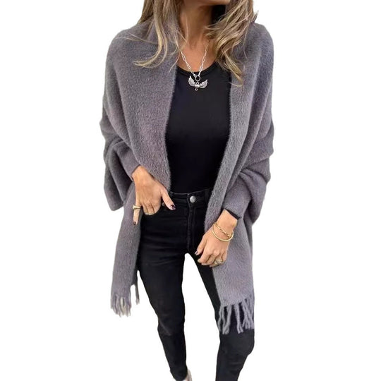 Damen Kuscheliger Strickponcho mit Fransen EB