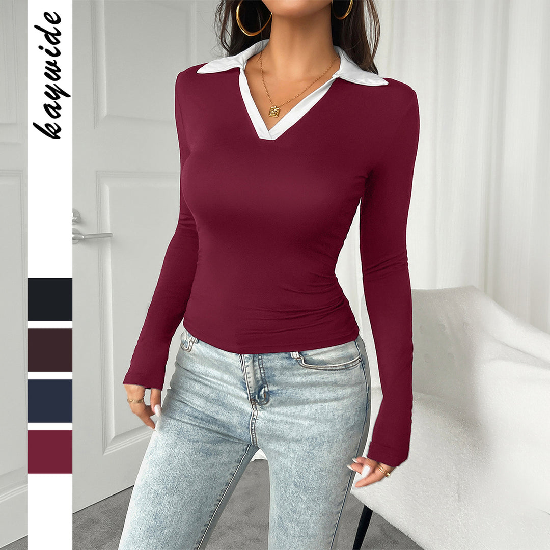 Damen nan tailliertes Longsleeve mit kontrastpolokragen und tiefem V-Ausschnitt EB