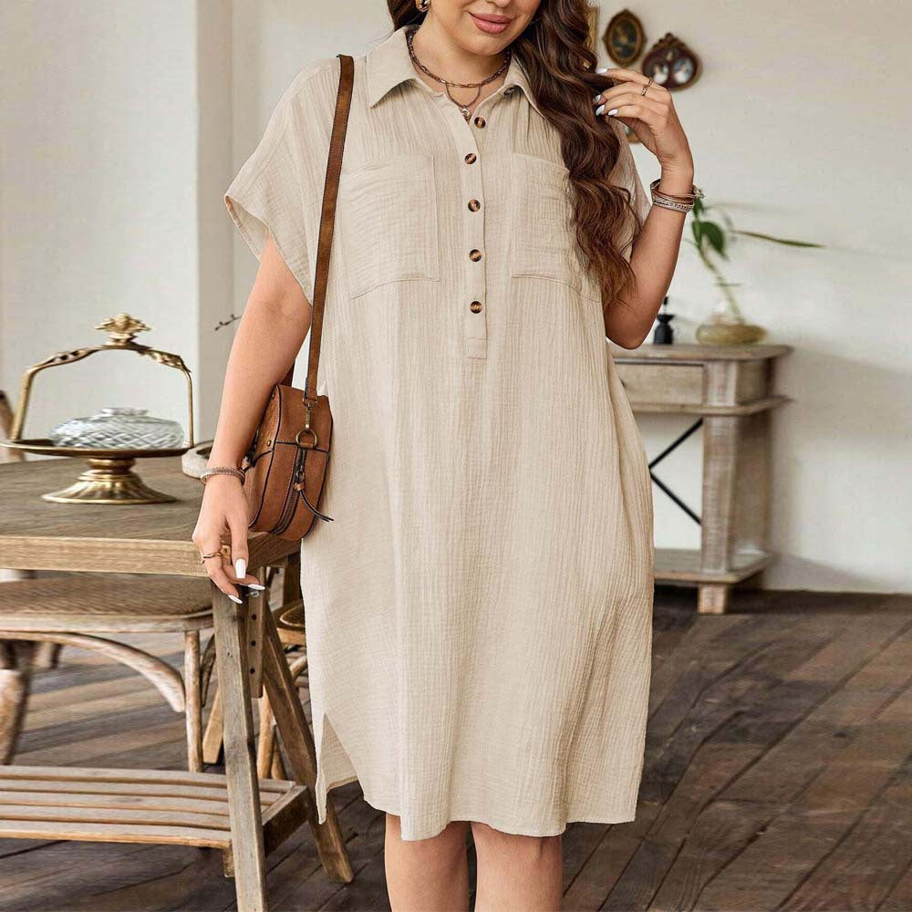 Damen lässiges Hemdblusenkleid mit Knopfleiste und zwei Taschen EB