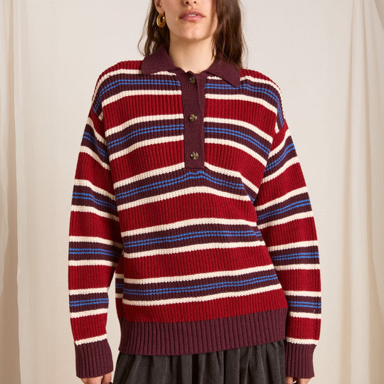 Damen Oversize Strickpullover mit Polokragen & mehrlagigem Streifenrelief EB