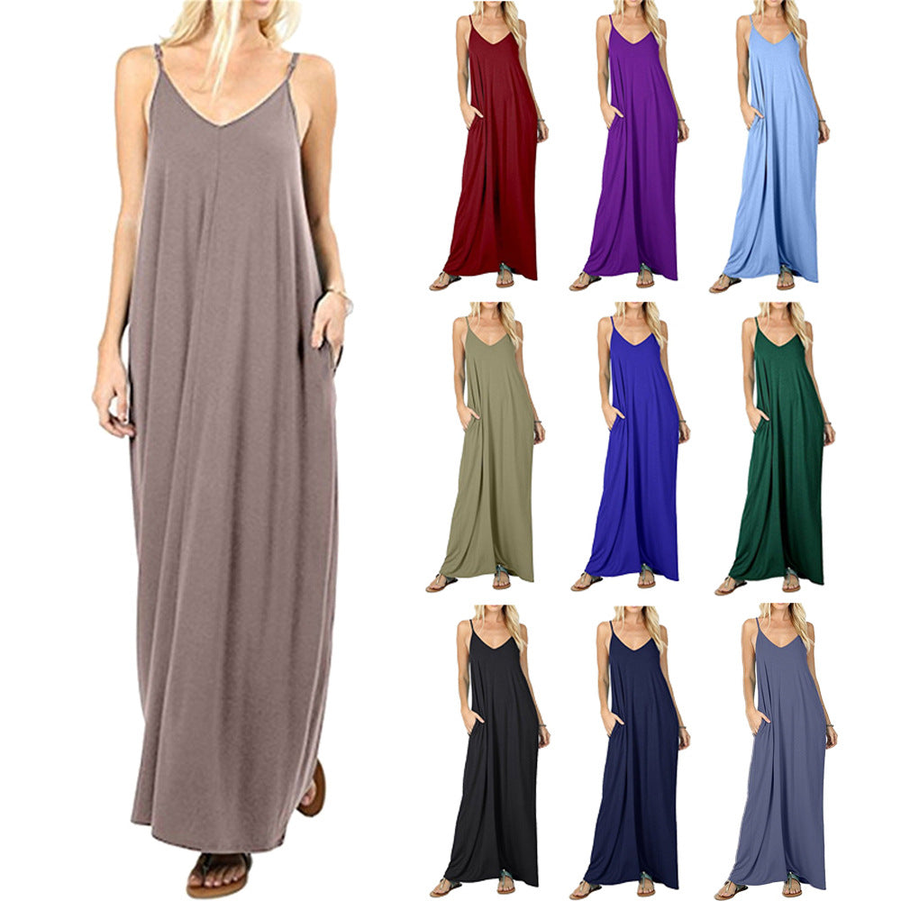 Damen Maxikleid mit verstellbaren Trägern und seitlichen Taschen EB