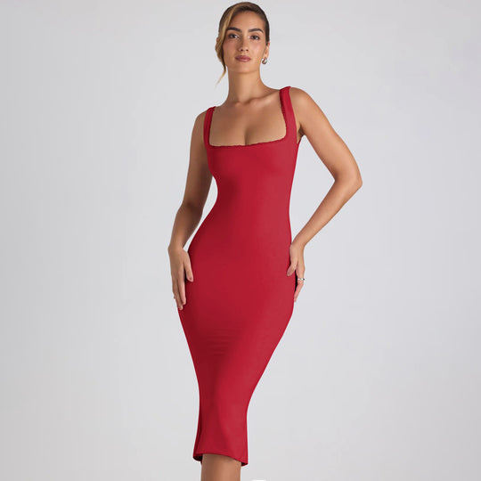 Damen figurbetontes Midikleid mit quadratischem Ausschnitt und Spitzenakzenten EB