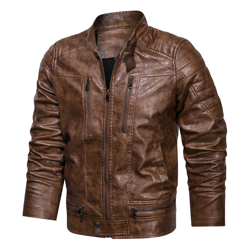 Herren Motorrad-inspirierte Lederoptikjacke mit Stehkragen und Ziernähten EB