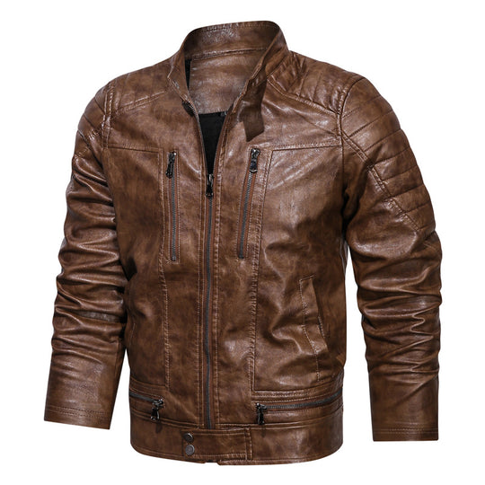 Herren Motorrad-inspirierte Lederoptikjacke mit Stehkragen und Ziernähten EB