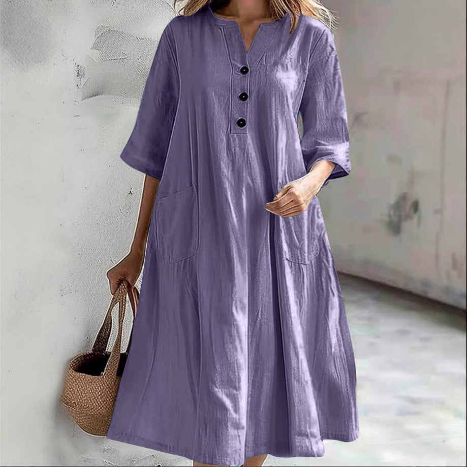 Damen lässiges Leinenkleid mit praktischen Taschen und Knopfdetails EB
