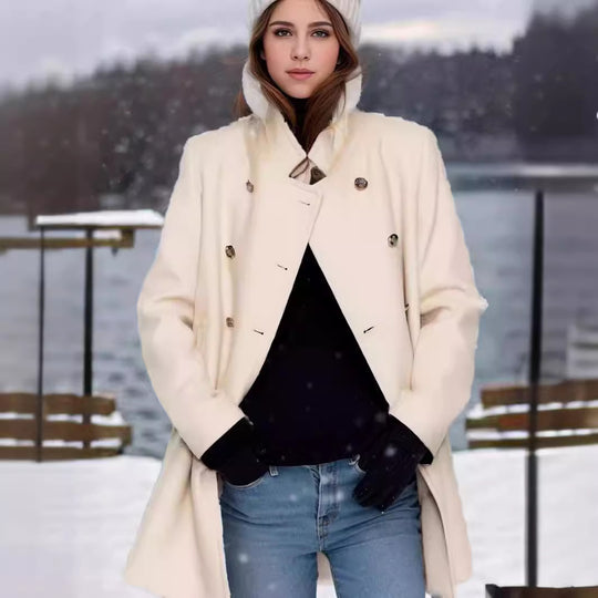 Damen eleganter Duffle-Mantel mit doppelter Knopfleiste und luxuriösen Details EB