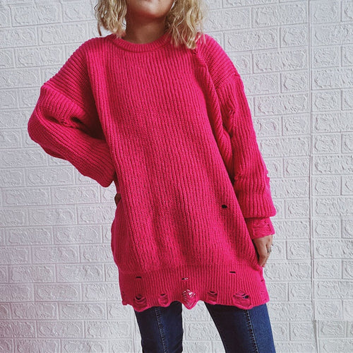 Damen Grobstrickpullover mit lässigen Rückenschlitzen und weiten Ärmeln EB