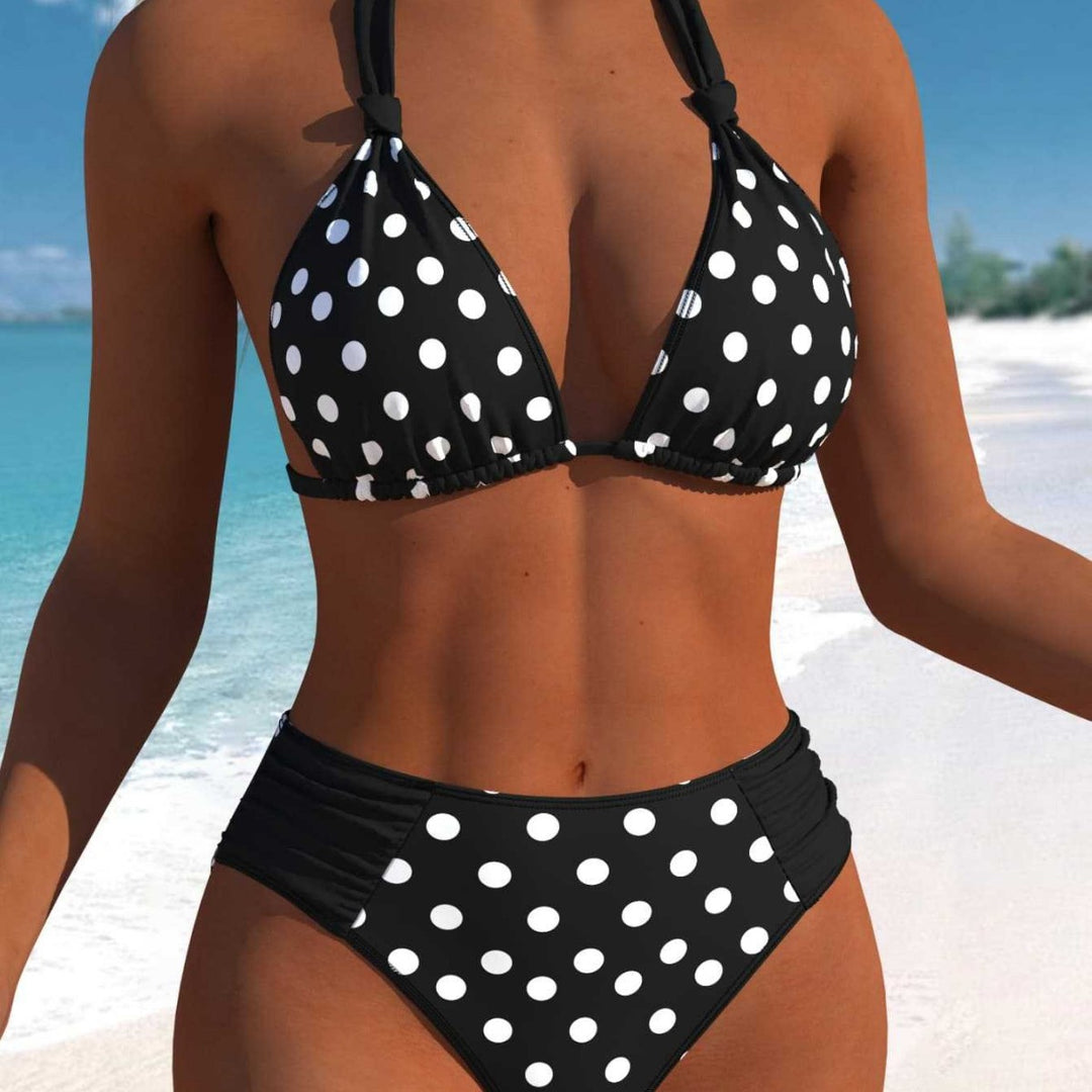 Damen Hochgeschnittener Triangel-Bikini mit punktiertem Design und verstellbaren Trägern EB