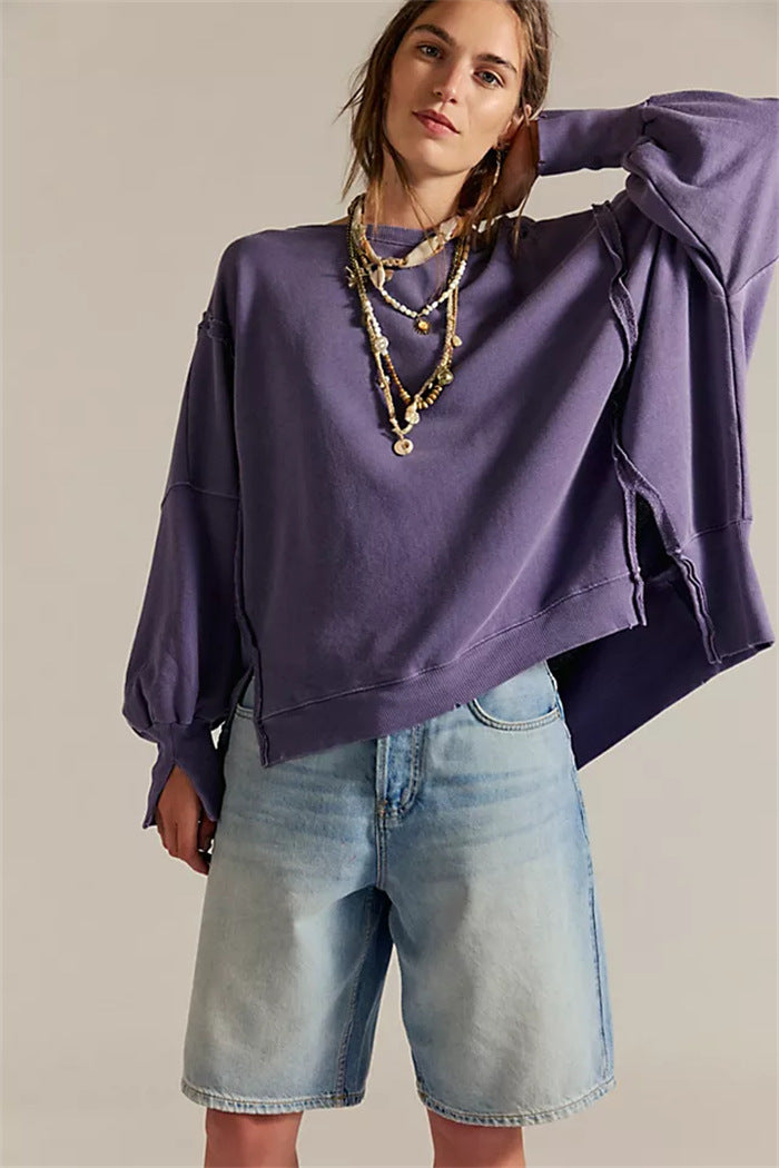 Damen oversized Sweatshirt mit Ballonärmeln, offenen Saumnähten und seitlichen Schlitzen Eichborn Berlin