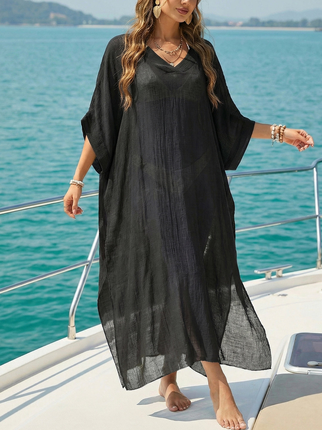 Damen luftiger Strandkaftan mit V-Ausschnitt EB