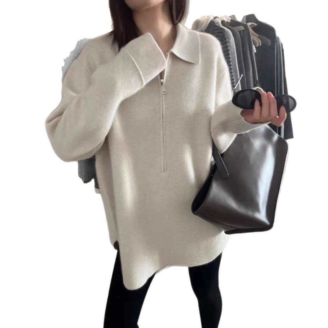 Damen Modischer Pullover mit Reißverschluss und Kragen EB