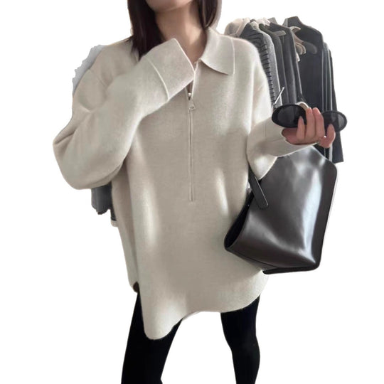 Damen Modischer Pullover mit Reißverschluss und Kragen EB