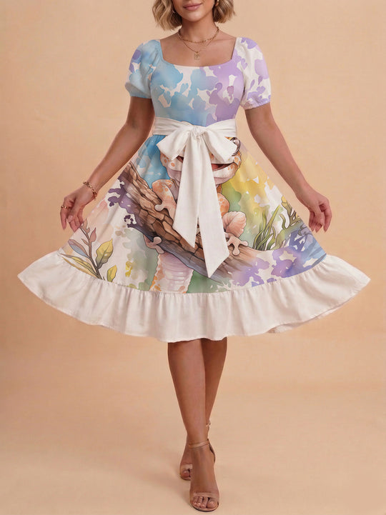 Damen Sommerliches Blumenkleid mit taillierbarem Gürtel und voluminösen Ärmeln EB