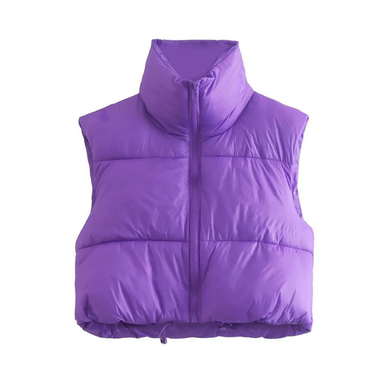 Damen cropped Daunenweste mit hohem Kragen und praktischen Taschen EB