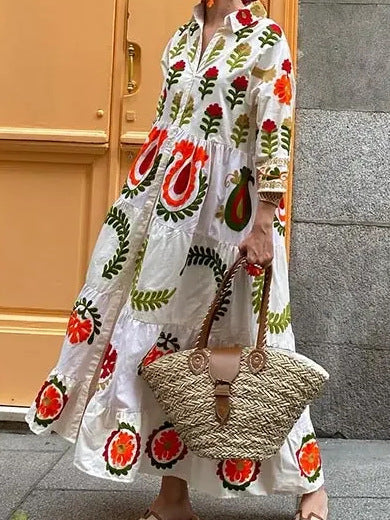 Damen Langarm-Teilkaro Kleid mit floralen Stickereien EB