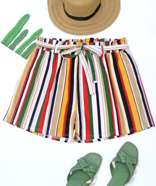 Damen gestreifte Sommer-Shorts mit elastischem Bund und Taillenknotenschnur EB